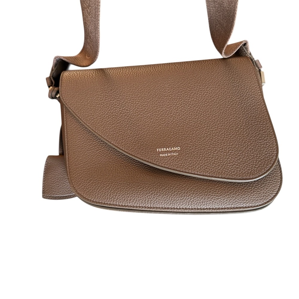 Salvatore Ferragamo Fiamma Crossbody Bag in tan pebbled leather